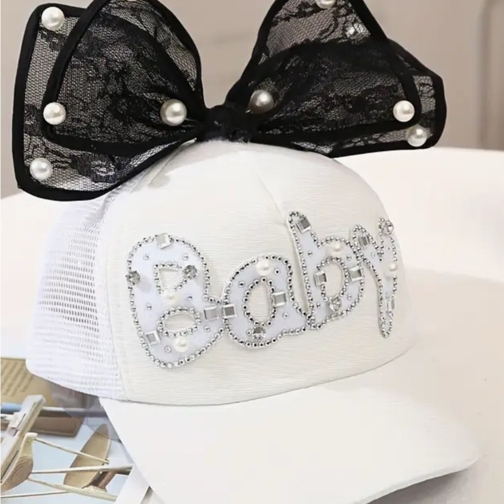 SALE ***
White Baby Cap with Black Lace Bow